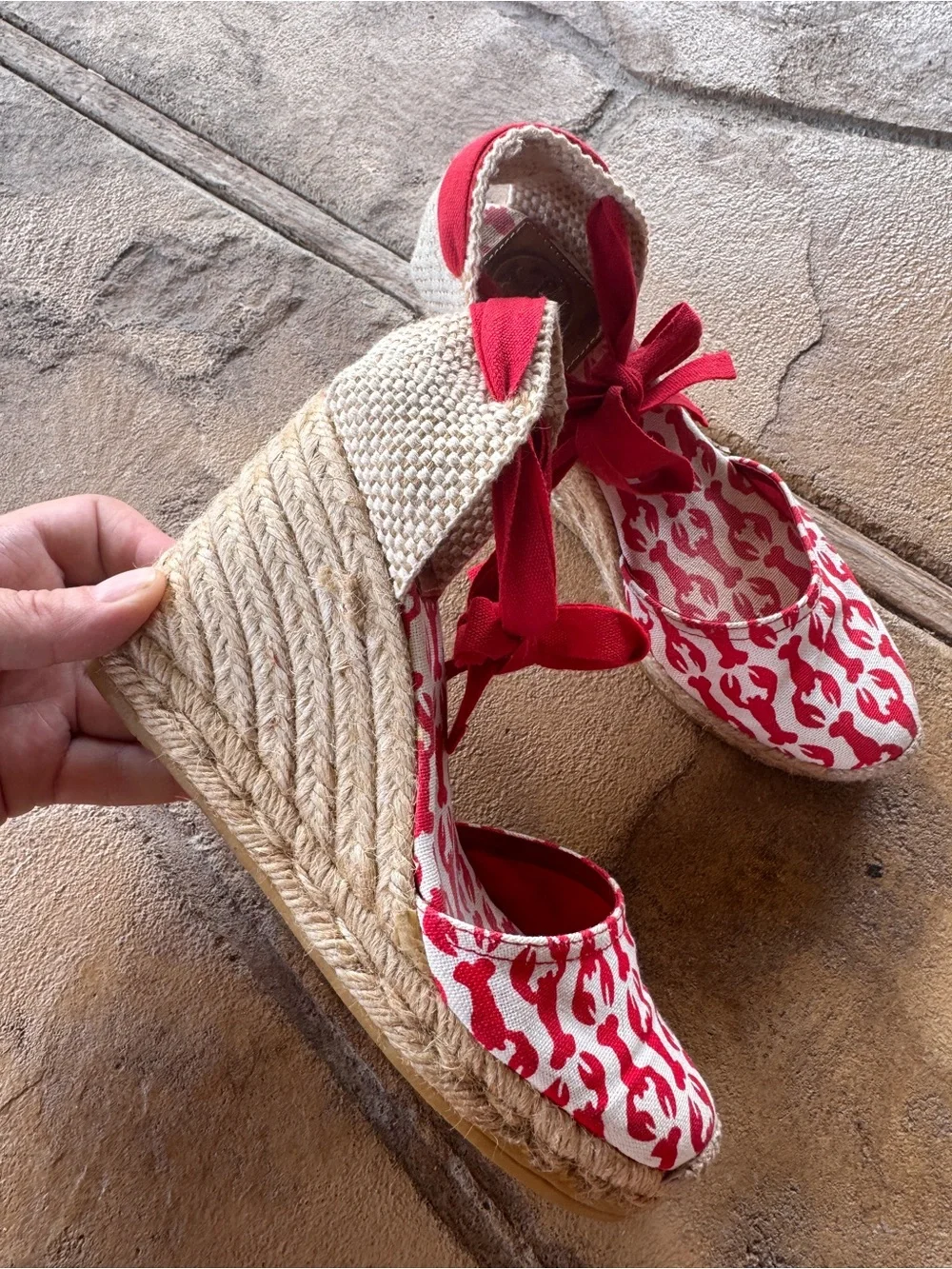 Tory Burch Lobster Print Wedge Wrap Espadrilles Ankle Tie Canvas EU 35 US 5